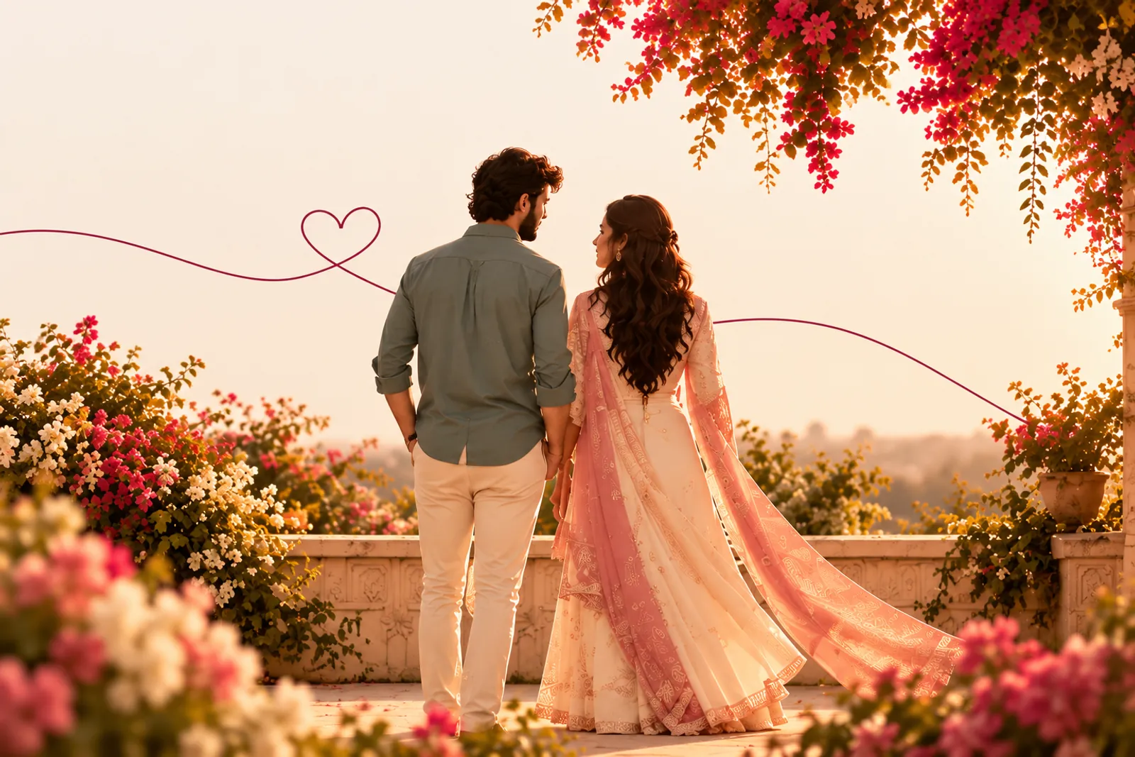 A couple standing together on a flower-filled terrace at sunset